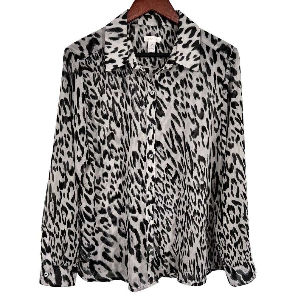 Chicos Sz 2 LARGE Sheer Animal Print Blouse Shirt Top Business Travel Office